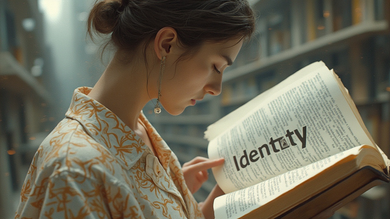 AI generated image by FLUX-Realism-Lora: closeup of a gender neutral person reading the definition of "identity"  in a dictionary, in a futuristic library by  Frank Gehry, realistic, concept drawing, rich details, abstract windows, sharp focus, art, cgi. The word "Identity" must be prominent in the image. inspired by  MC Escher 