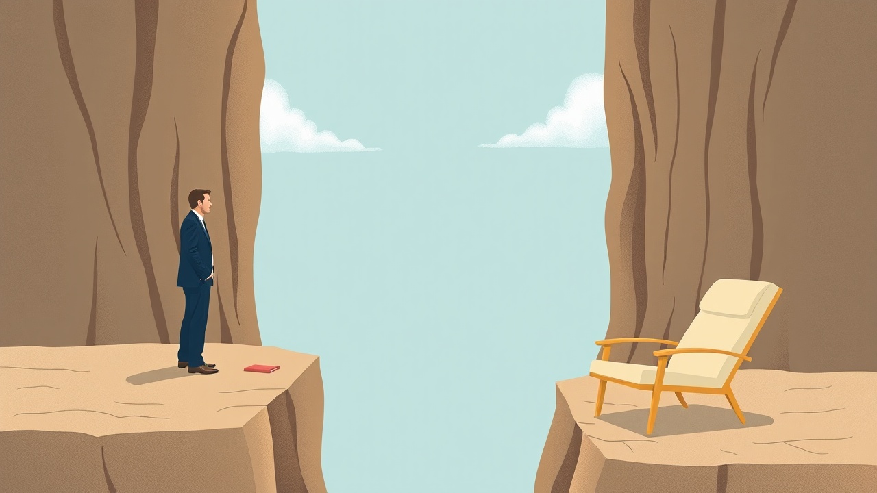 AI generated image by FLUX.1-schnell: An illustration of the pension gap.
A man standing on the left side of a deep and wide gap, in his suit, still working. Looking to the other side, where there is a lounge chair - his pension awaiting