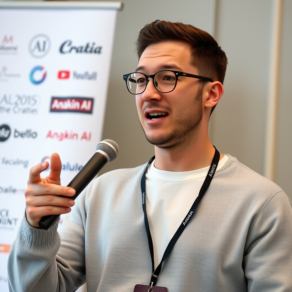 AI generated image by FLUX.1-schnell: ssy on top. He has a round circle face, clean shaven, adorned with rounded rectangular-framed glasses with dark rims, is animated as he gestures with his left hand. He is holding a black microphone in his right hand, speaking passionately.  The man is wearing a light grey sweater over a white t-shirt. He's also wearing a simple black lanyard hanging around his neck. The lanyard badge has the text "Anakin AI".  Behind him, there is a blurred background with a white banner containing logos and text (including Anakin AI), a professional conference setting.
