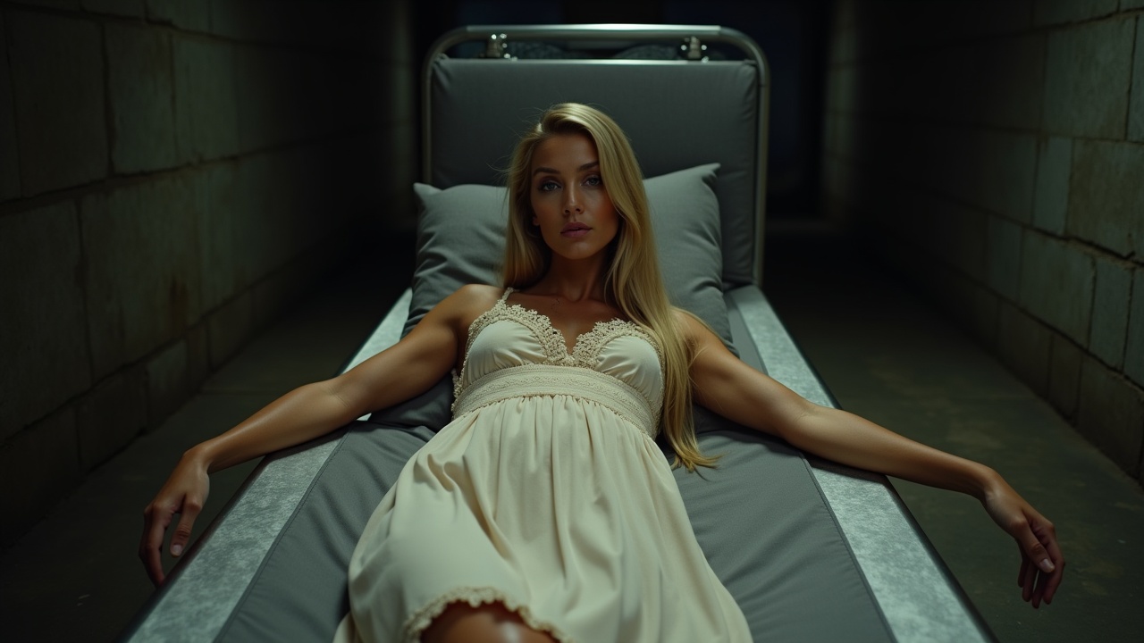 AI generated image by FLUX.1: top-front view full length captive beautiful model blonde with long hairs in light summer dress lying on steel gurney in dark basement