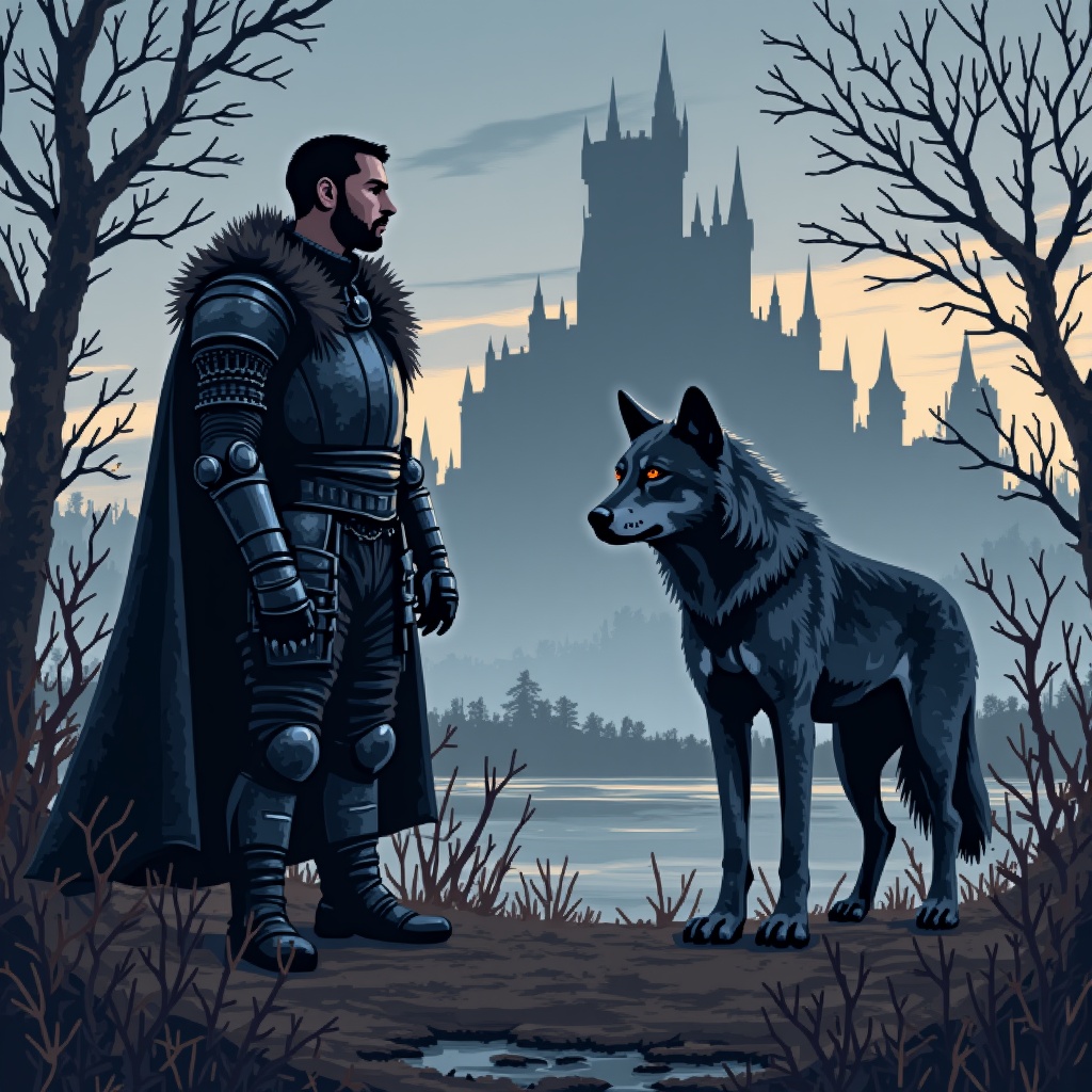 AI generated image by FLUX.1: MAKE THE FOLLOWING PROMPT IN A RETRO, PIXEL ART STYLE: "A dark, weathered knight clad in battle-worn blackened armor stands solemnly in an eerie marshland at dusk. His cloak, tattered and damp, billows in the cold, whispering wind. Beside him, a massive wolf with piercing amber eyes and a coat streaked with silver and shadow stands alert—fierce yet devoted, exuding loyalty and raw power. In the misty distance, a towering, ancient castle looms, half-shrouded in fog, its jagged spires silhouetted against a brooding overcast sky. The murky marsh reflects twisted trees and glimmers of fading light, casting an otherworldly glow across the hauntingly beautiful landscape."