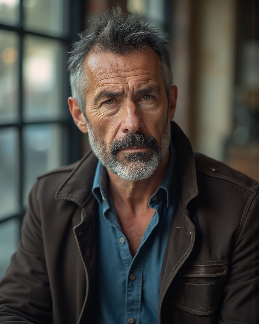 AI generated image by FLUX-Realism-Lora: crea una imagen de un hombre atractivo y masculino de unos 40 años: Características físicas:
Edad y rasgos: Rostro maduro pero bien cuidado, con ligera definición en la mandíbula y pómulos altos. Arrugas sutiles en la frente, patas de gallo al sonreír y líneas de expresión suaves, reflejando una apariencia natural y vivida.

Piel: Tono uniforme, con textura realista (poros visibles pero no exagerados) y un ligero bronceado saludable.

Ojos: Claros (verdes o azules), con brillo natural y rodeados de pestañas densas. Mirada cálida y confiada, dirigida hacia el horizonte o la cámara.

Cabello: Corto y bien recortado, con mechas grises dispersas en sienes y coronilla. Estilo ligeramente despeinado para un look moderno.

Vello facial: Barba de 2-3 días, bien recortada, o una barba corta y definida que enmarque el rostro sin ocultar rasgos.

Vestuario:
Prendas superiores: Camisa de lino o algodón en azul claro, con mangas enrolladas hasta los antebrazos. Encima, una chaqueta de cuero café oscuro con textura visible (grano natural).

Prendas inferiores: Jeans ajustados en tono índigo oscuro, sin roturas, con cinturón de cuero marrón que combine con la chaqueta.

Calzado: Botines negros o marrones, limpios pero con detalles de uso leve para realismo.

Accesorios: Reloj de muñeca minimalista (ej. estilo field watch) y pulsera de cuero sencilla. Sin joyería llamativa.

Ambientación:
Escenario: Parque urbano en otoño. Fondo con árboles de hojas doradas y cobrizas, suelo cubierto de hojas secas y un camino de adoquines o tierra al fondo.

Iluminación: Luz cálida y difusa de tarde (hora dorada), con rayos de sol filtrándose entre los árboles. Sombras suaves que destacan el volumen del rostro y ropa.

Elementos contextuales: Banco de madera detrás, farol vintage a lo lejos y edificios bajos difuminados para dar profundidad sin distraer.

Pose y expresión:
Postura: Caminando con naturalidad o apoyado contra un tronco, manos en los bolsillos o sosteniendo una taza de café. Hombros relajados y espalda recta.

Expresión: Sonrisa leve, genuina pero no forzada, transmitiendo confianza y amabilidad. Contacto visual directo o mirada perdida en el horizonte para sensación contemplativa.

Detalles técnicos:
Enfoque: Profundidad de campo moderada: el hombre nítido, mientras el fondo se desenfoca sutilmente.

Texturas: Cuero con brillo tenue, tela de la camisa semi-transparente por la luz, piel con poros y vellosidades finas.

Paleta de colores: Tonos tierra (marrones, beige), contrastando con el azul claro de la camisa y el verde musgo del entorno. Destellos dorados en el cabello y la piel.