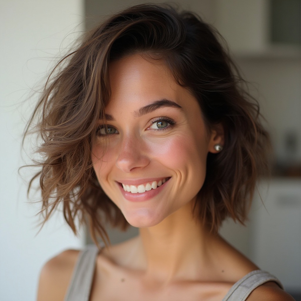 AI generated image by FLUX-Realism-Lora: A beautiful woman with SHORT, flowing hair, styled in loose waves. She has a  Russian features, with clear, radiant skin, striking eyes, and a confident smile.