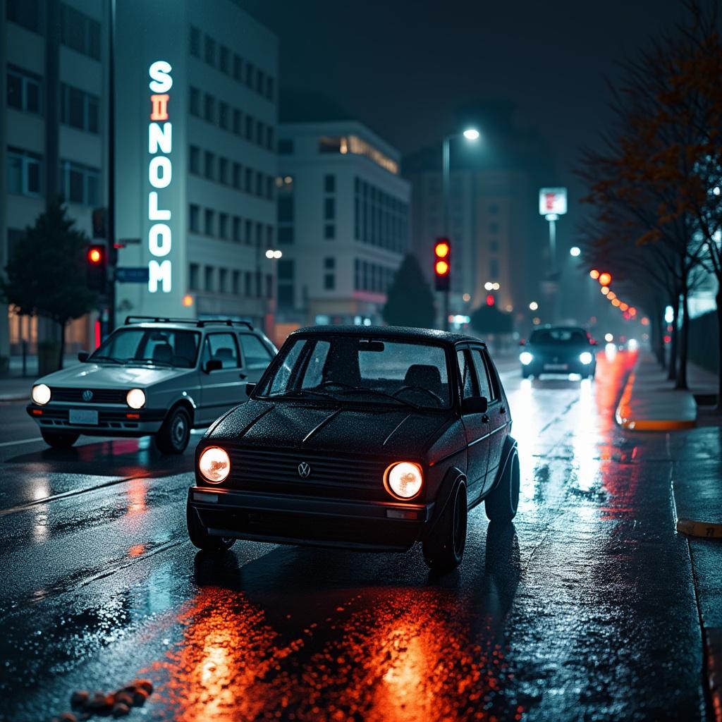 AI generated image by FLUX.1-pro: dos autos golf de noche arriba diciendo mechas street una arriba de otra y el fondo una ciudad de noche