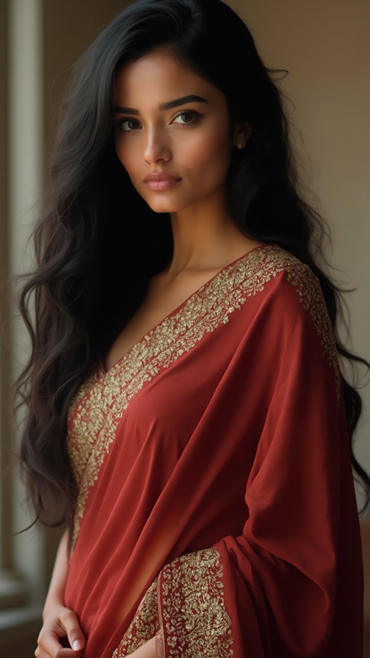 AI generated image by FLUX-Realism-Lora: "A strikingly beautiful Indian female model standing confidently, exuding elegance and poise. She has flawless skin with a soft glow, long flowing black hair cascading down her shoulders in gentle waves, and captivating almond-shaped eyes that shimmer with warmth. Her high cheekbones and full lips are accentuated by subtle, natural makeup. Dressed in an intricately embroidered saree in deep red and gold, the fabric drapes gracefully around her, blending traditional and modern fashion. The background is softly lit, enhancing her regal and radiant appearance, making her the epitome of grace and allure."