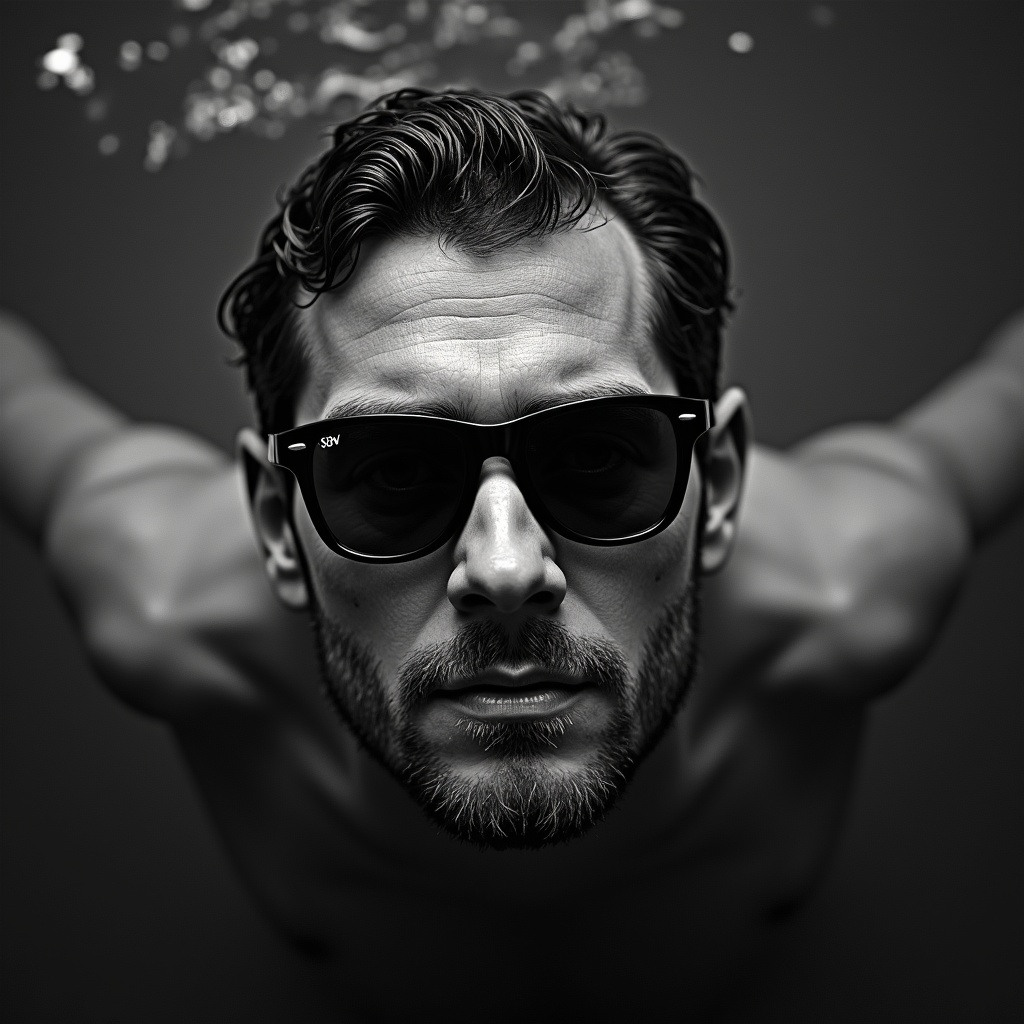 AI generated image by FLUX.1-image-to-image: A black and white photo of a lying man's head under dark water, sunglasses partially submerged. The camera is low, parallel to the water