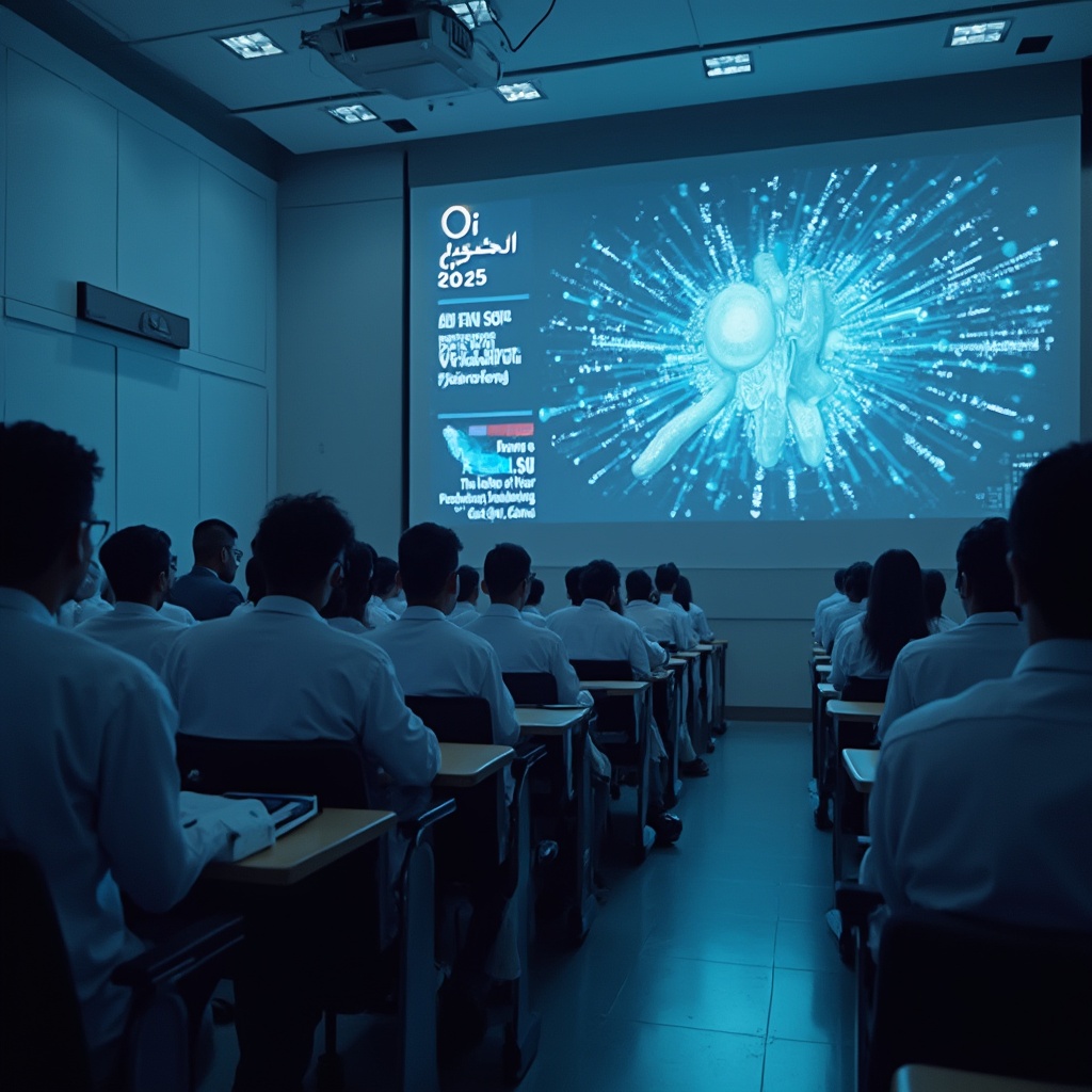 AI generated image by FLUX-Realism-Lora: Realistic image of Indian medical students attending a seminar in a modern lecture hall at AIIMS Mangalagiri, a digital projector showing the words ‘AI in Medical Imaging – Workshop 2025’, classroom filled with students, Indian faculty, bright indoor lighting