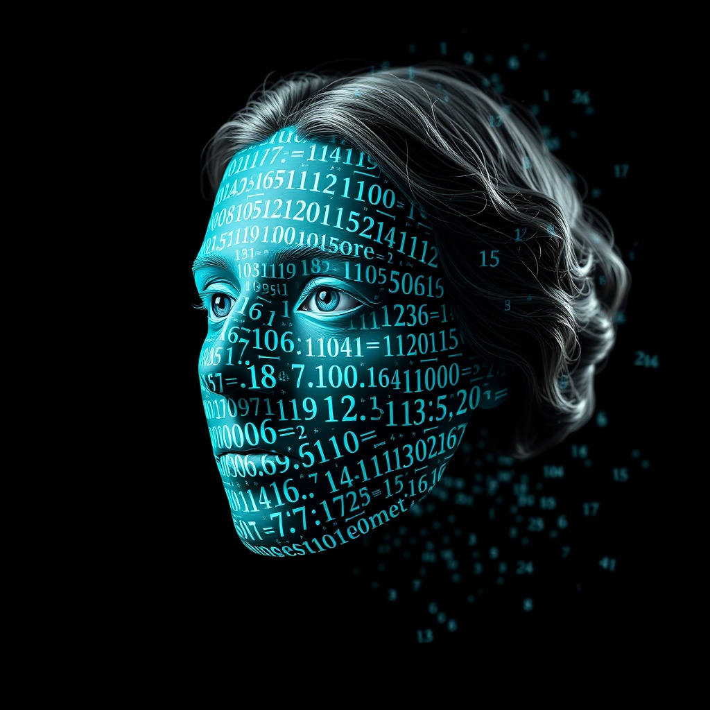 AI generated image by FLUX.1-schnell: Ada Lovelace's face as a digital mask made from thousands of turquoise numbers and formulas forming his face. the formulas and numbers fly behind the mask leaving a trail of complexity. the mask is floating dynamically in mid air. his head is turned to the right but his eyes are looking directly into the camera. the mask is on a black background.  like a png with black only background. photo realistic, sci-fi, human features hair