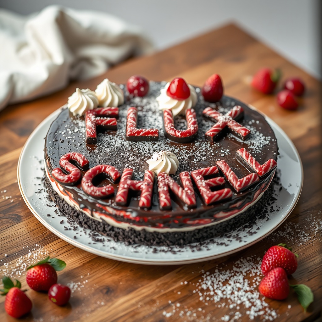 AI generated image by FLUX.1-schnell: black forest gateau cake spelling out the words "FLUX SCHNELL", tasty, food photography, dynamic shot