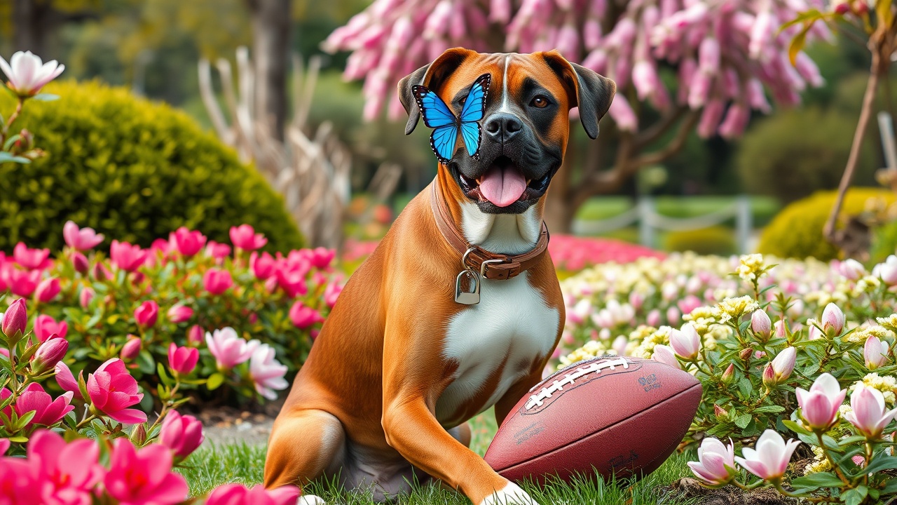 AI generated image by FLUX.1-schnell: A beautiful full body image of a brown boxer dog with a dog name tag which says Ajax on it's collar, he is all brown with a white chest and white front paws , he sits happy in a pink magnolia flower  garden with a blue butterfly sitting on it's nose and a detailed american football under it's front paw, surrounded by beautiful flowers, bushes, trees and greenery just curiously looking at the butterfly.







