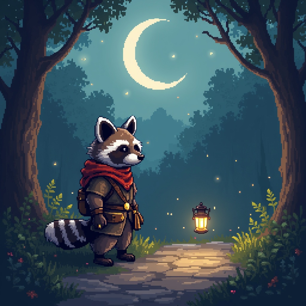 AI generated image by FLUX.1: "A small, loveable raccoon companion stands at the edge of a misty woodland path beneath the pale light of a crescent moon, its patchwork cloak fluttering in the breeze. Though small in stature, it radiates quiet courage — a tiny satchel slung across its shoulder, filled with potions, lockpicks, and half-eaten berries. Its fur is scruffy yet endearing, marked with soot and tiny scratches earned from years of sneaking through castle ruins and shadowed forests. A single glowing charm dangles from its neck — a keepsake from a friend it’s sworn to protect with its clever paws and boundless heart.

Rendered in a retro, 16-bit pixel art style, the scene hums with grainy textures, visible CRT scan lines, and soft pixel bloom glowing around lantern light and dew-speckled grass. Fireflies flicker like lost memories, and distant chimes echo faintly from the forest beyond. The aesthetic calls back to a forgotten SNES-era fantasy adventure — pixelated and precious — where this raccoon was more than comic relief: it was your heart, your hope, your reason to press forward. Loyal. Mischievous. Unforgettable."