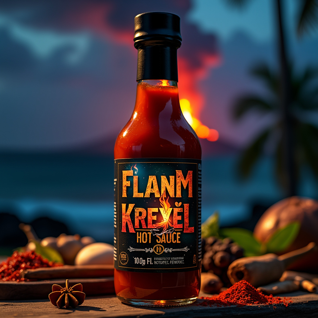 AI generated image by FLUX.1-pro: A dramatic, nighttime Caribbean scene designed for the ‘Flanm Kreyòl’ hot sauce label. The label showcases a glowing volcano erupting in the distance, with ‘Flanm Kreyòl’ prominently displayed in a bold, rustic font that stands out against a dark, starry sky. This intense, mystical aesthetic reflects the sauce’s rich, fiery flavor. Position the bottle on an outdoor table surrounded by various spices and ingredients, capturing the essence of a Caribbean setting.