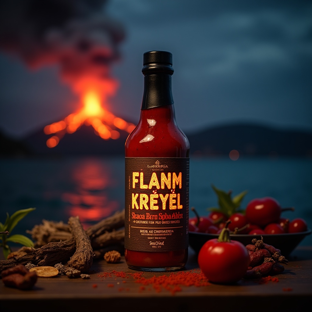 AI generated image by FLUX.1: A dramatic, nighttime Caribbean scene designed for the ‘Flanm Kreyòl’ hot sauce label. The label showcases a glowing volcano erupting in the distance, with ‘Flanm Kreyòl’ prominently displayed in a bold, rustic font that stands out against a dark, starry sky. This intense, mystical aesthetic reflects the sauce’s rich, fiery flavor. Position the bottle on an outdoor table surrounded by various spices and ingredients, capturing the essence of a Caribbean setting.