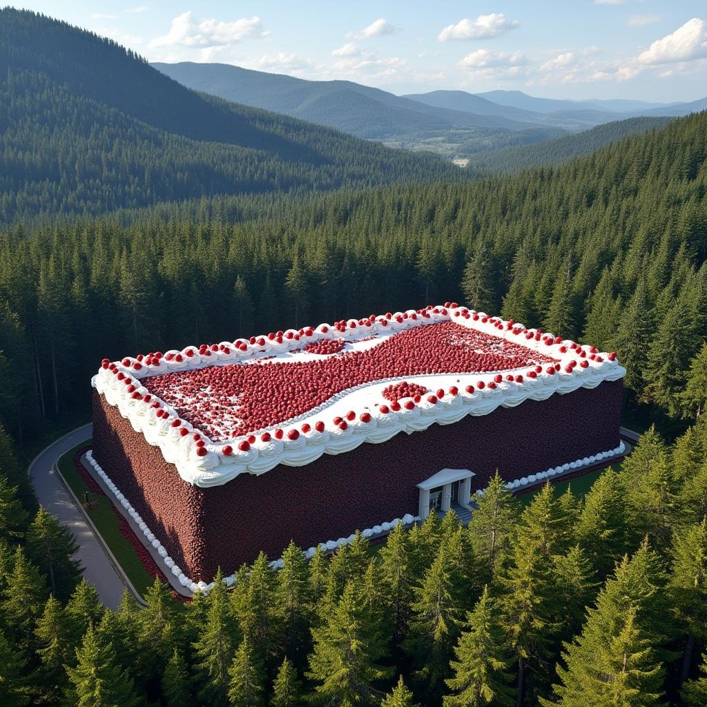 AI generated image by FLUX.1-pro: The world's largest black forest cake, the size of a building, surrounded by trees of the black forest