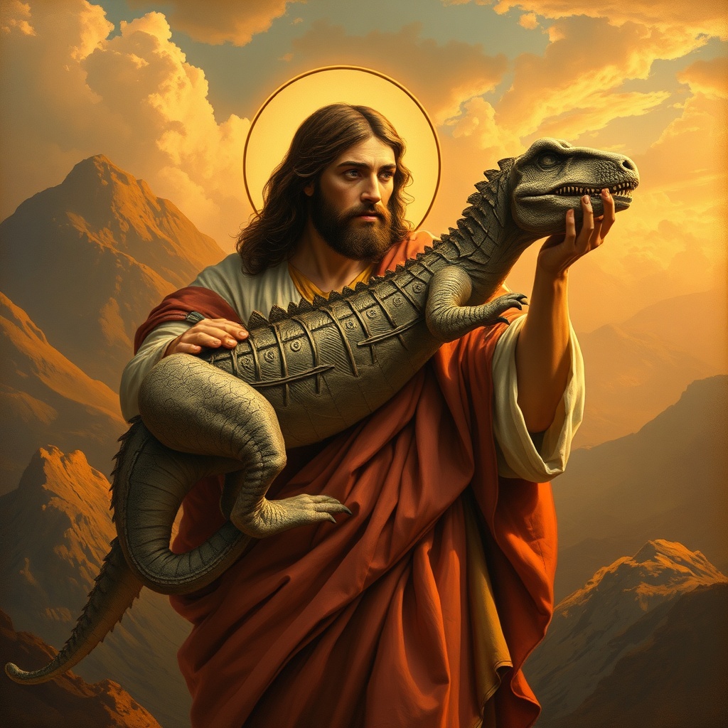 AI generated image by FLUX.1-schnell: Jesus Christ with Dino in his arms



