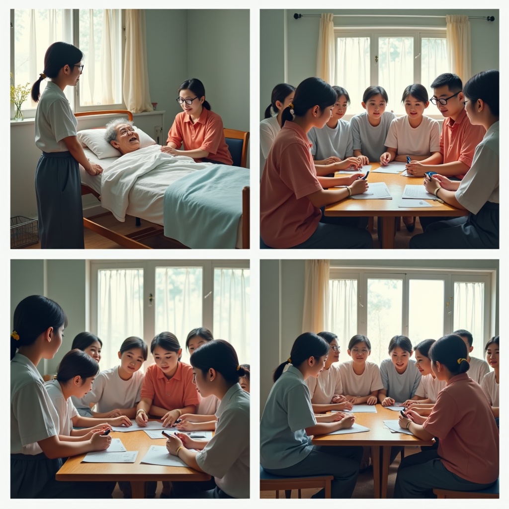 AI generated image by FLUX.1: This [FOUR-PANEL] image illustrates a group of elderly Chinese students are learning how to provide elderly care in an old classroom; [TOP-LEFT] the teacher next to the nursing bed demonstrates how to take care of the elderly, [TOP-RIGHT] they are observing the teacher demonstrating how to take care of the elderly, [BOTTOM-LEFT] some of them tried it out, while others took photos with their phones to record it, and [BOTTOM-RIGHT] they gathered together to thank the teacher.