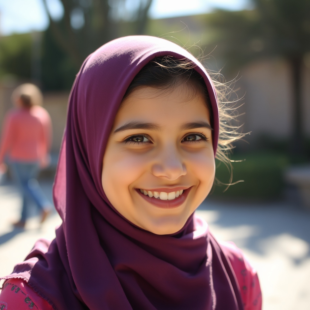 AI generated image by FLUX.1-schnell: Iranian girl with hijab, smiling, outdoor, shiny sun day