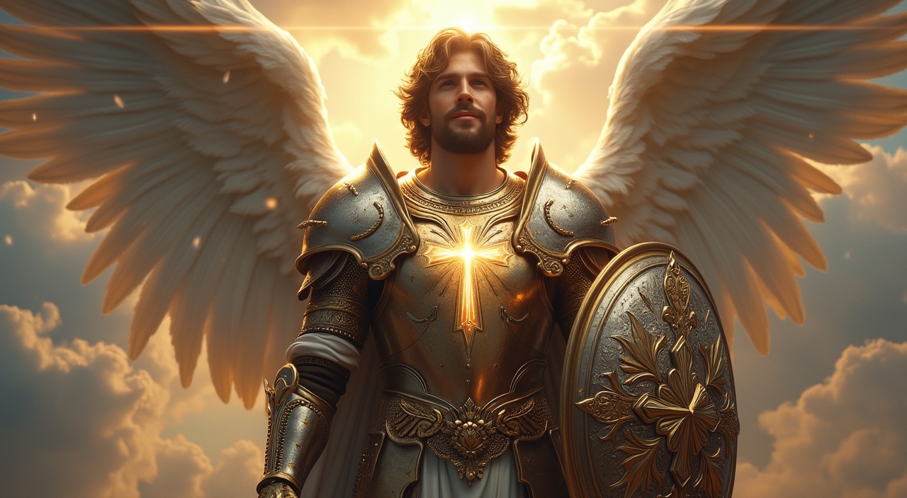 AI generated image by FLUX.1-pro: A hyper-realistic depiction of Archangel Michael, the celestial warrior, captured in a moment of serene confidence. He stands tall, adorned in intricately detailed, gleaming armor that reflects a divine light. His face is illuminated by a gentle smile, exuding both compassion and strength. In his left hand, he holds a large, ornate shield emblazoned with a radiant cross, symbolizing protection and faith. The background features a dramatic sky with rays of sunlight piercing through clouds, casting a heavenly glow around him. The overall composition conveys a sense of divine guardianship and unwavering courage