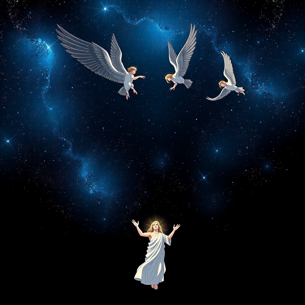 AI generated image by FLUX.1-schnell: Comic eBook • HQ estilo anime espiritual • Capítulo 1 – "A Queda Antes da Queda"  
Três painéis sequenciais com cores, narrativa bíblica e atmosfera dramática celestial.

🎨 PAINEL 1 – O VERBO E A CRIAÇÃO  
[Fundo preto profundo com estrelas suaves azuladas; no centro, uma figura de luz dourada — o Verbo (Jesus) — paira no espaço. Anjos voam ao redor, cantando. A luz se expande como uma onda cósmica.]  
Cores:  
- Fundo: Preto absoluto (#000000), estrelas azul-claro (#B0E0FF)  
- Jesus (Verbo): Corpo de luz dourada (#FFD700) com borda branca (#FFFFFF)  
- Anjos: Asas brancas, vestes peroladas  
- Efeitos: Aura dourada, partículas de luz flutuando  

Narrativa (balão no topo):  
“No princípio era o Verbo, e o Verbo estava com Deus, e o Verbo era Deus.”  

Narrativa (base):  
“Tudo foi feito por Ele, e sem Ele nada do que foi feito se fez.”

---

🎨 PAINEL 2 – O ORGULHO DE LÚCIFER  
[Close-up em Lúcifer antes da queda: rosto orgulhoso, cabelos longos pretos, asas brancas abertas com majestade, túnica celestial branca com detalhes dourados. Fundo etéreo em tons azuis claros e luz suave.]  
Cores:  
- Cabelo: Preto intenso (#000000)  
- Olhos: Azul claro ou cinza cristalino (#D3D3D3)  
- Roupas: Túnica branca com detalhes dourados (#FFFFFF / #FFD700)  
- Asas: Brancas puras, com brilho perolado  
- Fundo: Azul celestial suave com luz em degradê  

Narrativa (superior):  
“Este é Lúcifer, ainda em glória.”  

Fala (balão):  
“Por que Ele está no centro? Eu também sou luz. Era eu quem deveria ser exaltado!”

---

🎨 PAINEL 3 – JESUS NO TRONO DE GLÓRIA  
[Cena majestosa: Jesus em forma de luz dourada, sentado em trono celestial ao lado de uma luz intensa que representa Deus. O trono flutua sobre nuvens douradas. Raios de luz explodem ao redor, formando o universo.]  
Cores:  
- Jesus: Brilho dourado radiante (#FFD700), contornos brancos (#FFFFFF)  
- Trono: Ouro e branco (#DAA520 / #FFFFFF)  
- Fundo: Céu em gradiente entre dourado, branco e azul claro  
- Efeitos: Explosão de luz, partículas douradas, nascimento de galáxias  

Narrativa (superior):  
“À direita do Pai, o Verbo se assentava… antes de tudo existir, Ele já reinava com glória.”  

Narrativa (base):  
“E Deus disse: Que haja luz — e a luz explodiu em vida...”