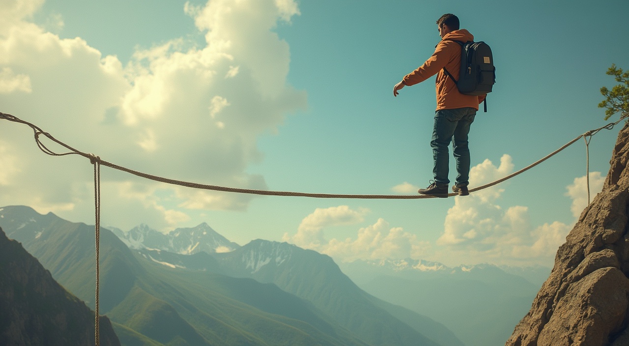 AI generated image by FLUX.1-pro: "The Tightrope Walker's Pause: A Moment of Balance Between Valleys"
This captures the market's current state of suspended tension after reaching a critical support level. Like a tightrope walker who has just regained balance after a wobble, the market is in a precarious equilibrium – not yet safe, but no longer in free fall. The image conveys both the risk still present and the potential for either recovery or continued descent, all while avoiding direct stock market references.