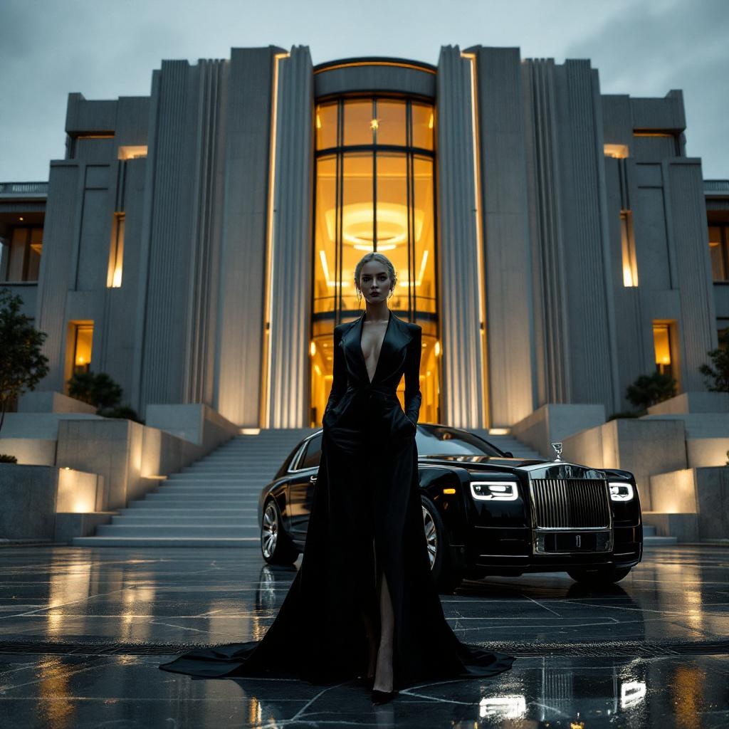 AI generated image by FLUX.1-pro: A cinematic noir fashion editorial exterior set at night in front of a monumental Neo Art Deco villa exceeding 2,000 square meters. A young slender 18-year-old blonde top model stands in a powerful full-body pose beside a black Rolls-Royce Phantom, wearing black haute couture with sharp architectural tailoring and elongated lines. The villa rises behind her with stepped stone terraces, vertical fluted columns, bronze Deco ribs, and towering glass panels glowing softly from within. Rain-soaked marble reflects neon city lights and warm interior illumination. Strong chiaroscuro lighting creates deep shadows and high contrast. Shot from a low-angle wide lens, emphasizing dominance, luxury, and cinematic noir atmosphere. Ultra-photorealistic, editorial, dramatic mood.