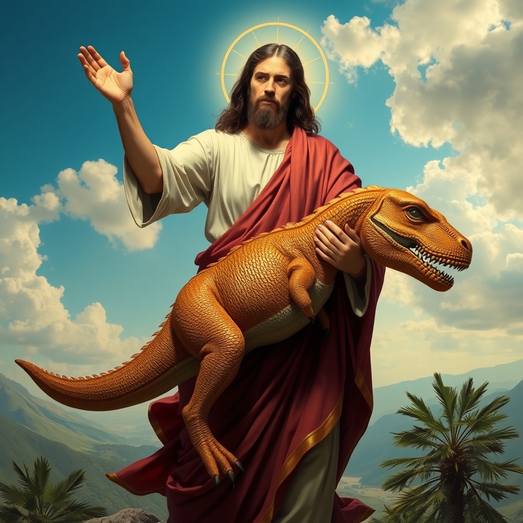 AI generated image by FLUX.1-schnell: Jesus Christ with Dino in his arms



