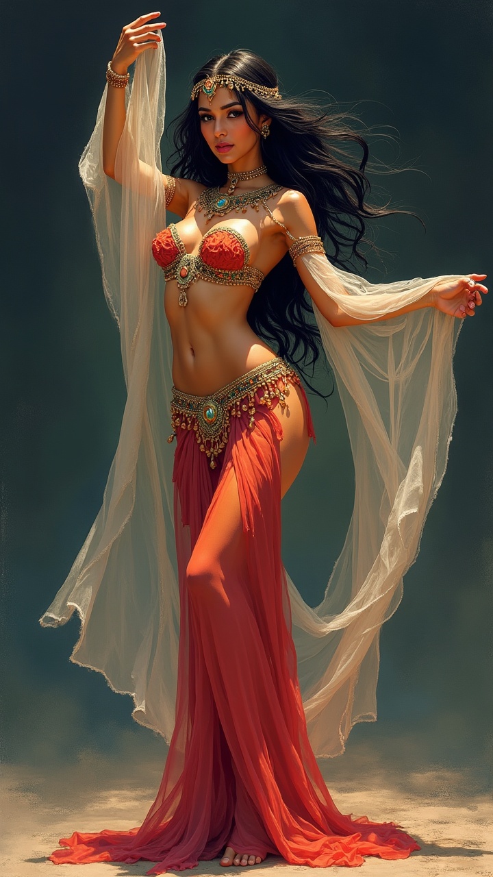 AI generated image by FLUX.1: A very beautiful Egyptian belly dancer, dancing, the Arabian night, wearing transparent  colored veils flowing around her, against a mysterious and dark background, highly detailed,sketching, masterpiece, slim curvy body, realistic, seductive smile, cross hatching minimalist and stipling background, sexy pose, stunningly beautiful.anime semi realism