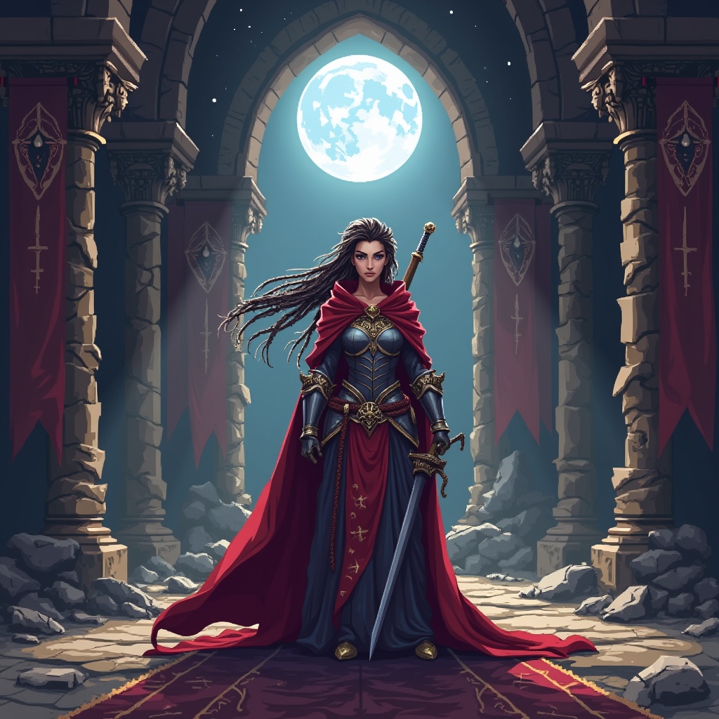 AI generated image by FLUX.1: "A breathtaking, pixelated princess stands boldly at the center of the scene, framed by the crumbling arches of an ancient throne room bathed in moonlight. She is draped in a flowing, deep crimson cloak embroidered with golden sigils — regal yet weathered. Her armor gleams with soft light, nicked and scarred from battle, and a ceremonial sword rests calmly across her back. Her piercing eyes stare directly ahead with unwavering resolve, framed by windswept hair braided with feathers, bones, and silver thread — the markings of a warrior queen who writes her own legacy.

She is not a damsel — she is destiny in motion. Behind her, torn banners ripple in the wind; faint stars shimmer through shattered stained-glass windows. The room hums with dormant magic and revolution.

The entire scene is rendered in nostalgic, 16-bit pixel art, complete with grainy CRT-style textures, visible scan lines, and soft pixel bloom around torchlight and magical highlights in her eyes. This image feels pulled from the title screen of a long-lost SNES-era RPG — one where she is the first and only name in the prophecy. Commanding. Timeless. Unforgettable."
