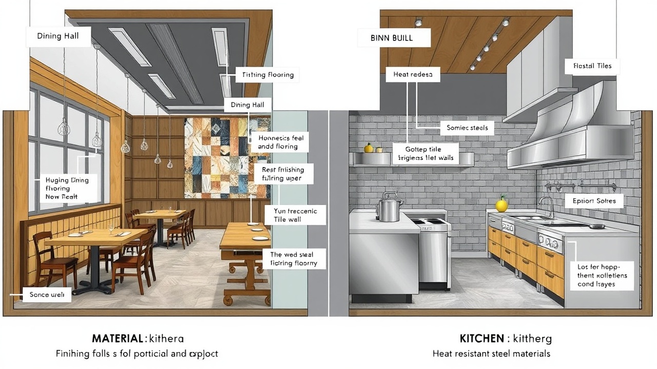 AI generated image by FLUX.1-schnell: A detailed architectural diagram illustrating the material differences between a restaurant's dining hall and kitchen. The diagram showcases various finishing materials such as wood, decorative tiles, and epoxy flooring in the dining area, while the kitchen is shown with hygienic tile walls, stainless steel surfaces, and heat-resistant materials. Labels and annotations highlight the practical aspects of each material choice.