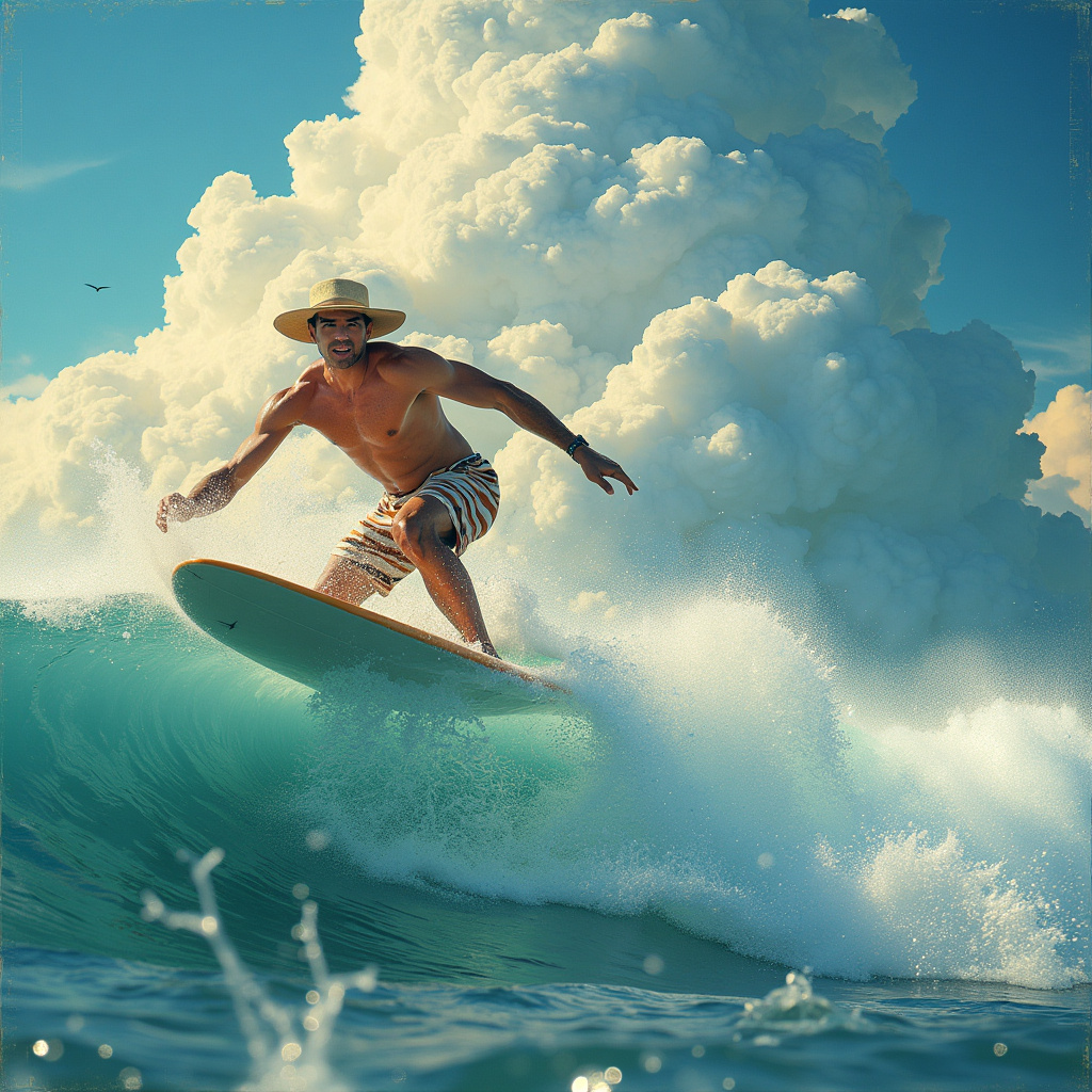 AI generated image by FLUX.1-pro: a beachboy surfing in Hawaii with the cloud spell "Good Day"