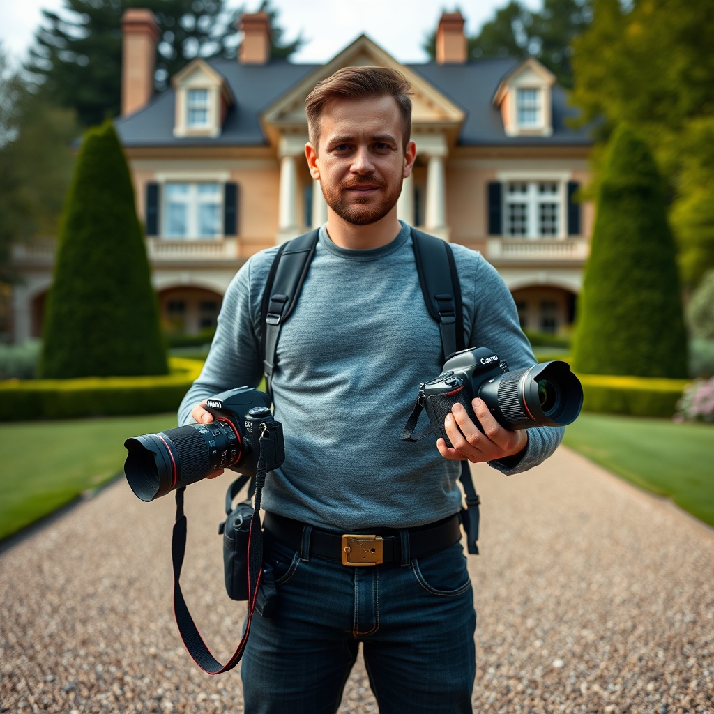 AI generated image by FLUX.1-schnell: a realistic photo of a photographer holding two DSLR cameras, standing in front of a mansion
