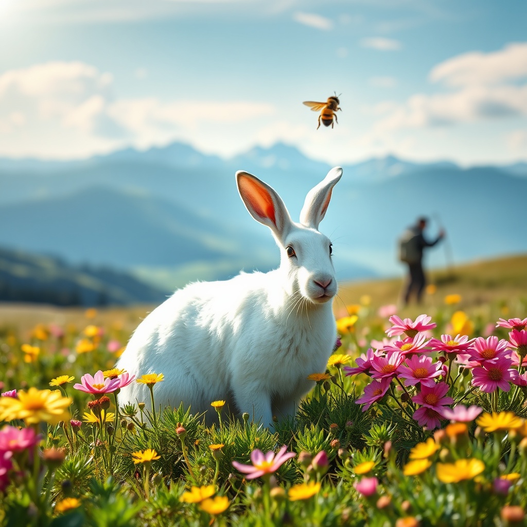 AI generated image by FLUX.1-schnell: Weißer Hase in einem Gelb, Pink grünen Blumenfeld vor Alpenpanorama an einem sonnigen Tag an dem schon Bienen fliegen