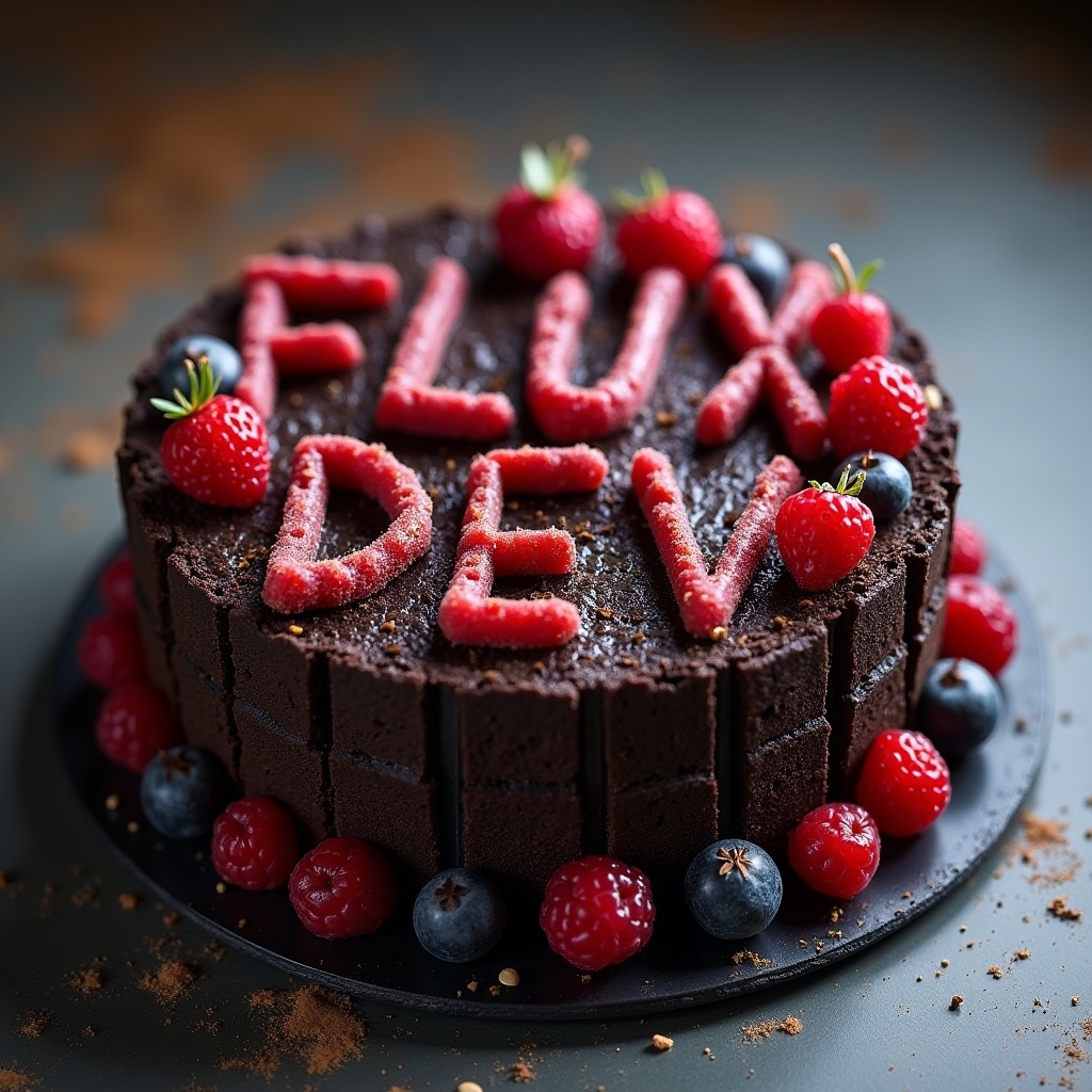 AI generated image by FLUX.1: black forest gateau cake spelling out the words "FLUX DEV", tasty, food photography, dynamic shot