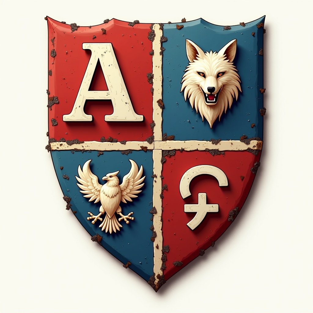 AI generated image by FLUX.1: Créer une image représentant un armorial sous une forme de bouclier diviser en 4 parties, exposant en haut a gauche la lettre A en majuscule, en bas a gauche un loup, en haut a droite un corbeau et en bas a droite le symbole Ω en majuscule