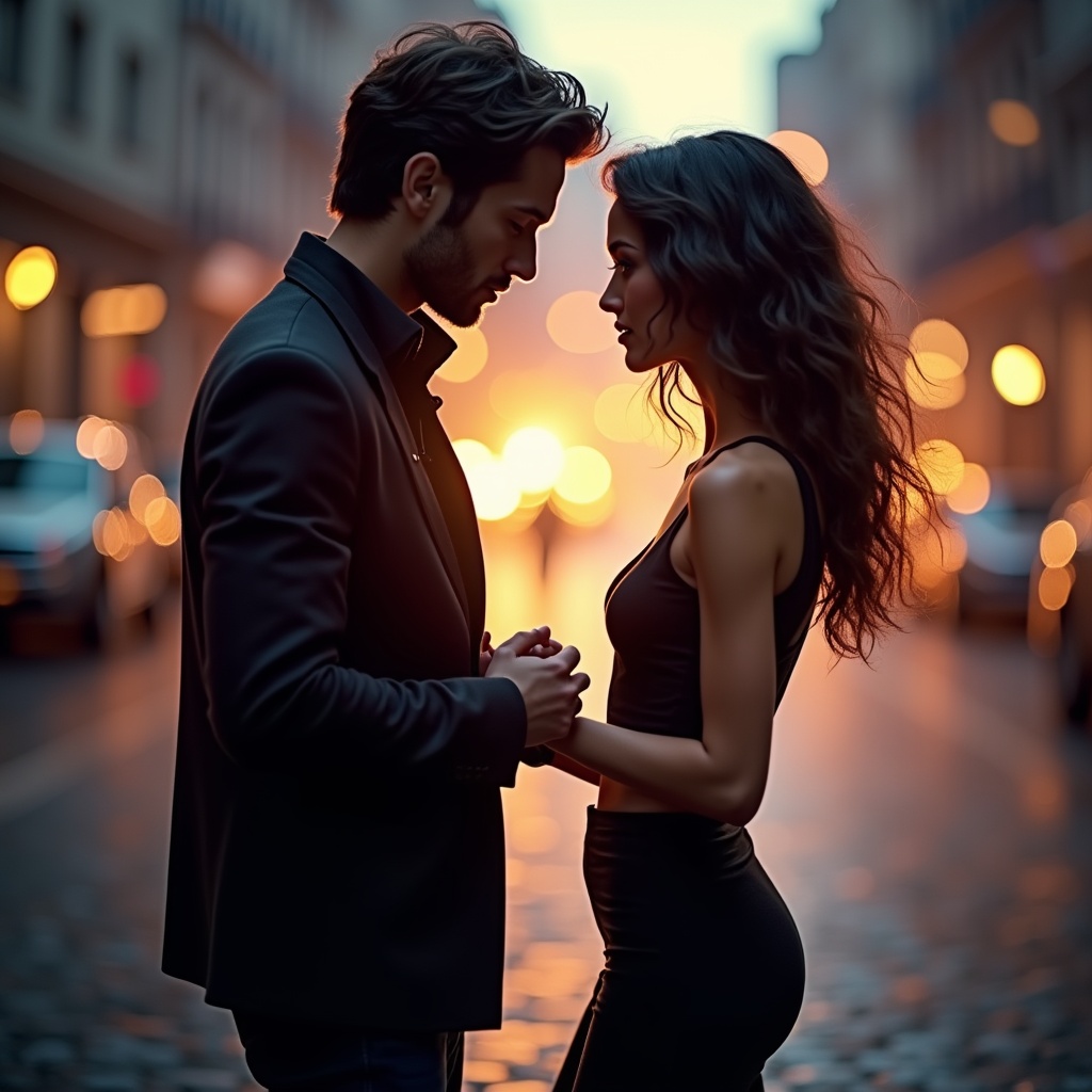 AI generated image by FLUX.1: A captivating, immersive scene featuring a **modern couple** seemingly extending beyond the image frame, blurring the boundary between art and reality. The couple stands close together, their subtle movements creating a sense of intimacy and connection. 

The man, with **soft, tousled hair**, wears a **tailored jacket** with fine textures visible in the fabric, while the woman, with **flowing, wavy hair**, is dressed in a **sleek, form-fitting outfit** that reflects ambient light. Their hands gently intertwine, and as their fingers touch, the image appears to stretch outward—suggesting their bond is reaching beyond the confines of the artwork.

The background blends a **romantic urban nightscape** with glowing city lights softly out of focus, creating a dreamy bokeh effect. **Warm golden hues** highlight their silhouettes, while **cooler blues and purples** contrast in the shadows. 

The composition emphasizes the couple’s closeness, with subtle motion effects making it seem like their figures are emerging toward the viewer. Their clothing and hair exhibit **hyper-detailed textures**, and the surrounding environment is imbued with a mix of **realism and surrealism**, where **soft mist** swirls around their feet and elements like falling petals or raindrops gently drift outward from the image. 

The image suggests a timeless, modern love story while seamlessly fusing futuristic design and emotional warmth, drawing the viewer into a **tender, immersive narrative**.