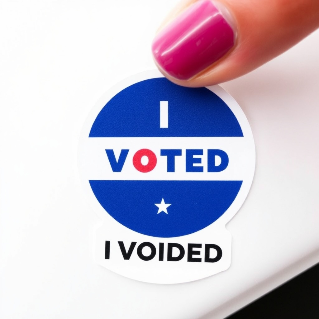 AI generated image by FLUX.1-schnell: The iconic US "I Voted" sticker, but instead it says "I Voided"