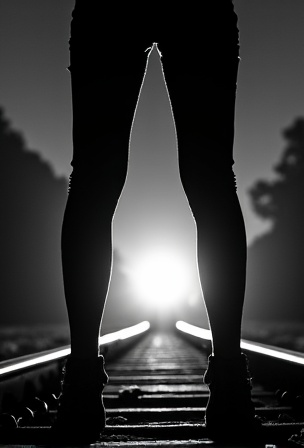 AI generated image by FLUX.1-image-to-image: The bnw silhouette of a woman's wide spreaded legs stands on railroad tracks.  A train spotlight from the background shines between her legs.
