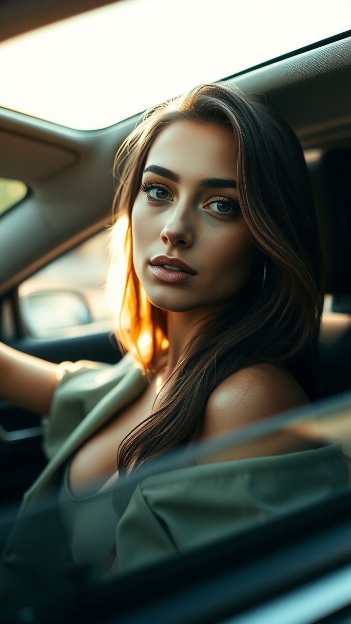 AI generated image by FLUX.1-schnell: ultra realistic fashion portrait of a young woman sitting in a luxury car, soft natural light coming through window, confident pose, slightly seductive calm expression, modern influencer aesthetic, cinematic lighting, shallow depth of field, high detail skin, Instagram lifestyle photography