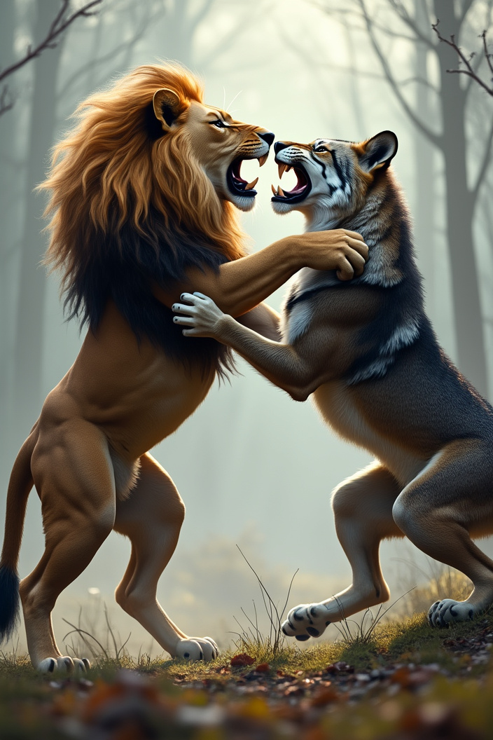 AI generated image by FLUX.1-pro: a lion fighting with a wolf