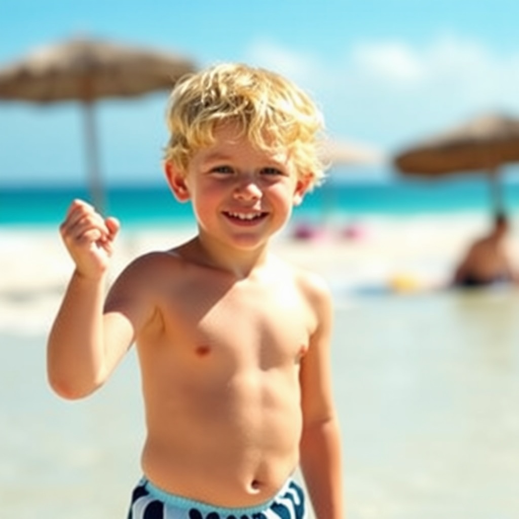 AI generated image by FLUX.1-schnell: garçon de six ans blond en mini maillot de bain sur la plage