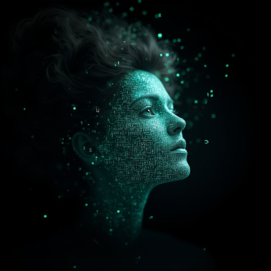 AI generated image by FLUX-Realism-Lora: Ada Lovelace as a dancer that is jumping through the air. Ada Lovelace's face is a digital mask made from thousands of turquoise numbers and formulas forming her face. The numbers and formulas are made from light. the formulas and numbers fly behind the mask leaving a trail of complexity. the mask is floating dynamically in mid air. her head is turned to the right but her eyes are looking directly into the camera. everything is on black background.  like a png with black only background. photo realistic, sci-fi, human features hair
