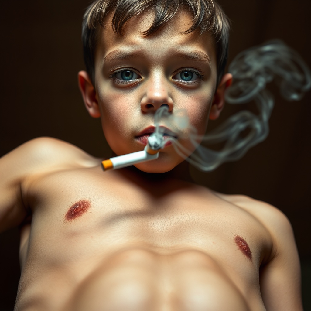 AI generated image by FLUX.1-schnell: Very Low angle shot of a Beautiful Young clever Boy 7-year-old elementary school boy with beautiful eyes Smoking a cigarette with hot white smoke coming out of the cigarette. Visible 6 pack abs and strong pectoral muscles. Boy looking downward directly at the camera with a mischievous clever expression on his face, Filmed from his abdominal muscles and up Visible 6 pack abs and pectoral muscles showing, with 6 pack abs and defined pectoral muscles visible. Short haircut. low angle shot