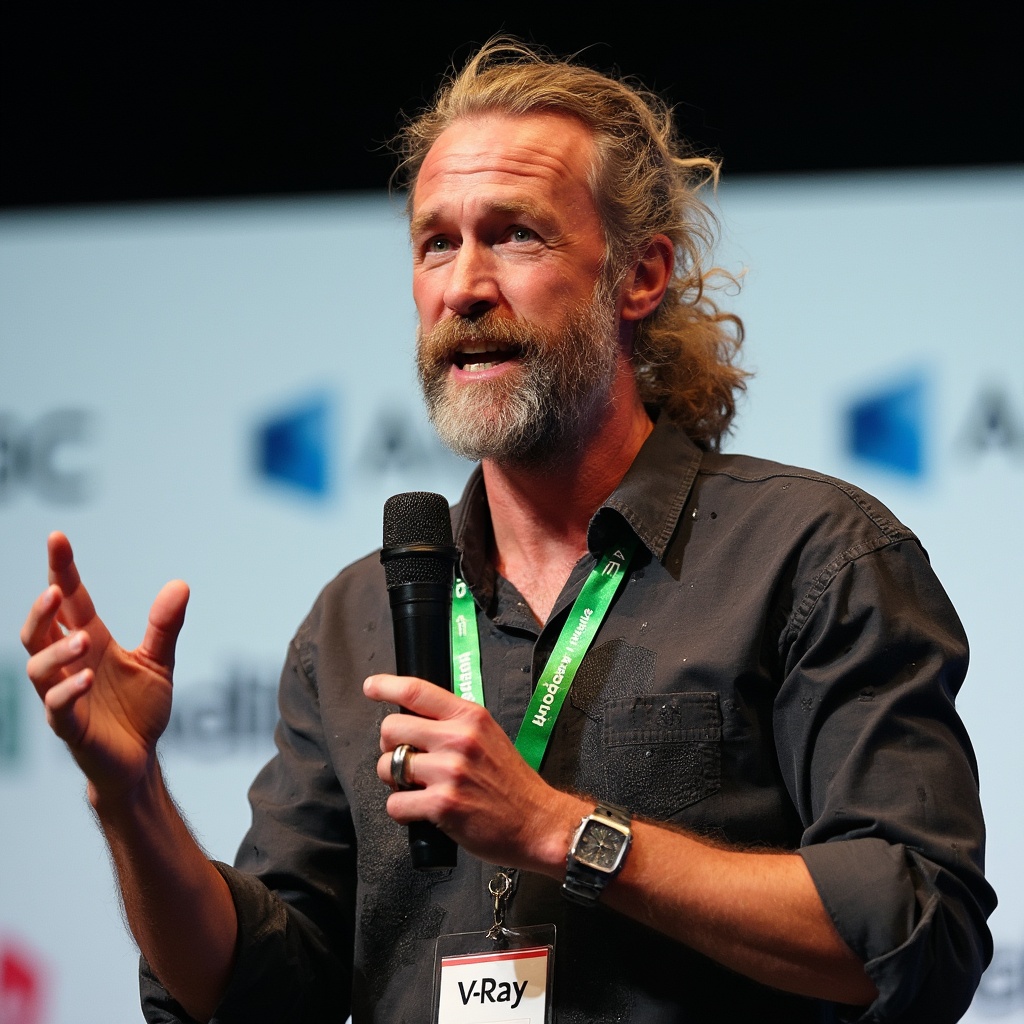 AI generated image by FLUX-Realism-Lora: A charismatic speaker is captured mid-speech. He has long, slightly wavy blonde hair tied back in a ponytail. His expressive face, adorned with a salt-and-pepper beard and mustache, is animated as he gestures with his left hand, displaying a large ring on his pinky finger. He is holding a black microphone in his right hand, speaking passionately. The man is wearing a dark, textured shirt with unique, slightly shimmering patterns, and a green lanyard with multiple badges and logos hanging around his neck. The lanyard features the "Autodesk" and "V-Ray" logos prominently. Behind him, there is a blurred background with a white banner containing logos and text, indicating a professional or conference setting. The overall scene is vibrant and dynamic, capturing the energy of a live presentation.
