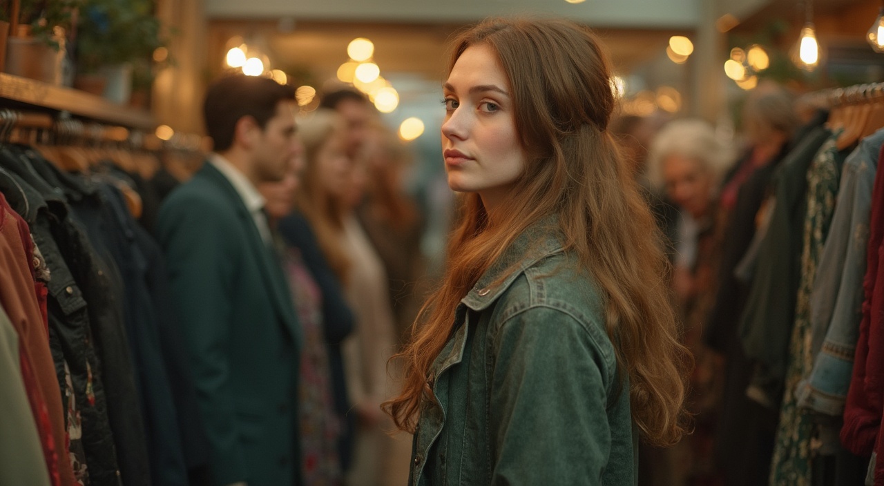 AI generated image by FLUX-Realism-Lora: Eine junge Frau ist in einem Second-Hand-Laden und stöbert nach Kleidung. Die junge Frau hat lange braune Haare und eine grüne Jacke an. Die Frau ist von der Seite zu sehen. Im Hintergrund sind gemütliche Lichter eingeschaltet