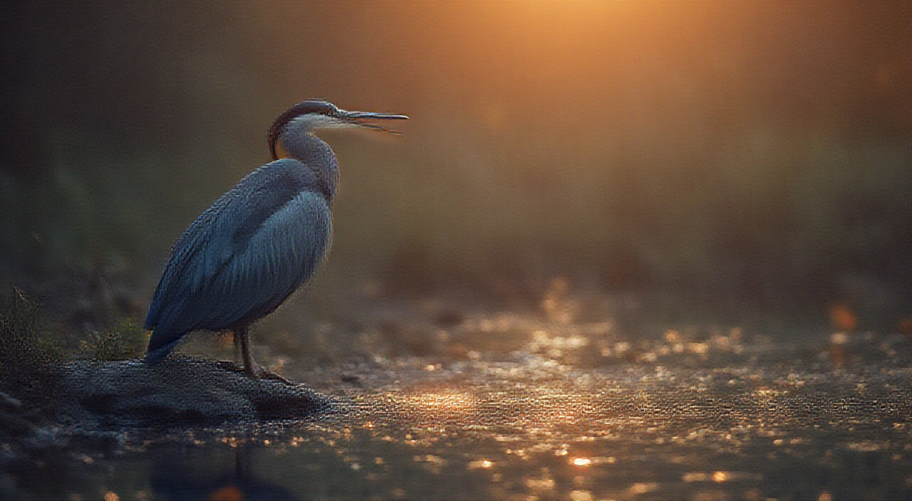 AI generated image by FLUX.1-pro: make a picture of a night heron sitting at the edge of a pond at sunset