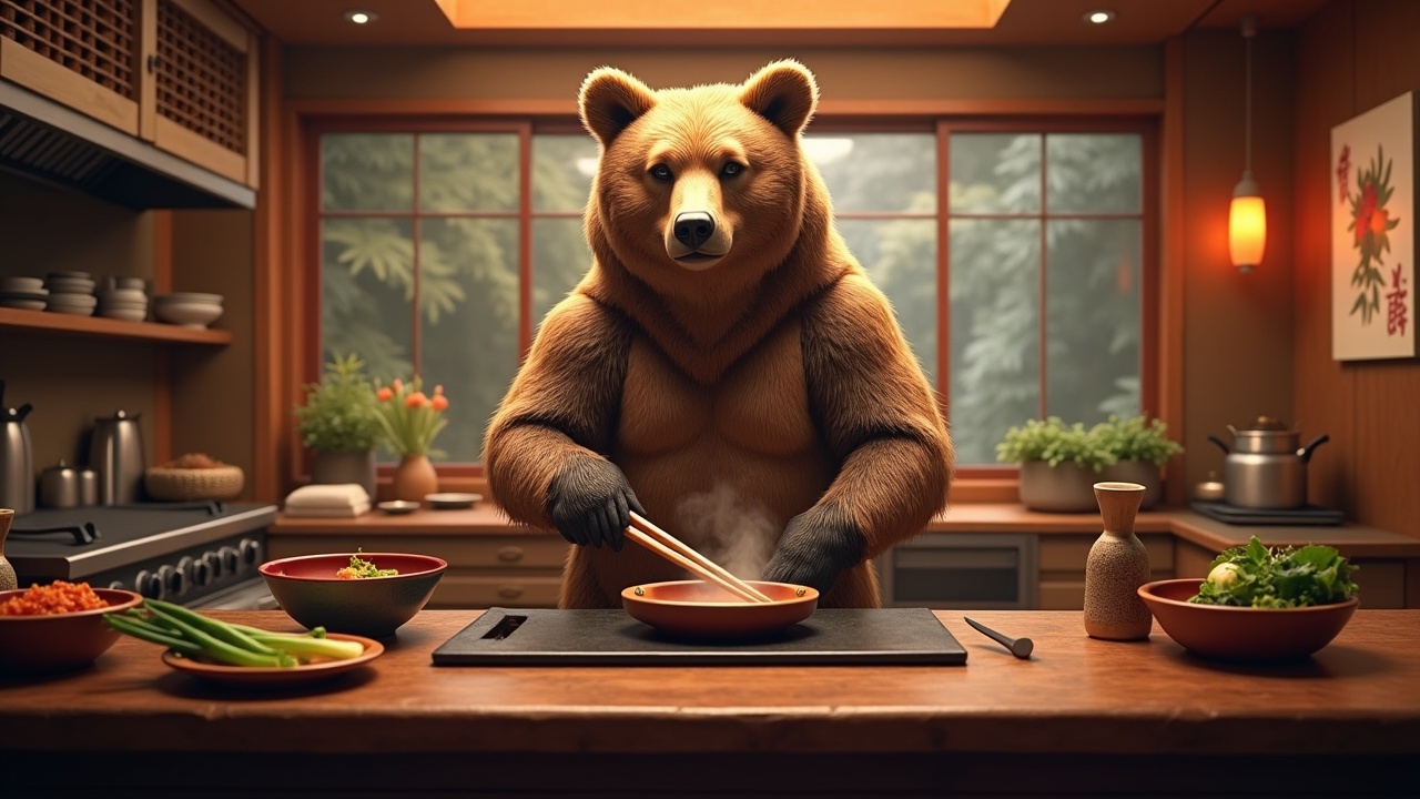 AI generated image by FLUX.1: a bear cook in a japanese restaurant kitchen