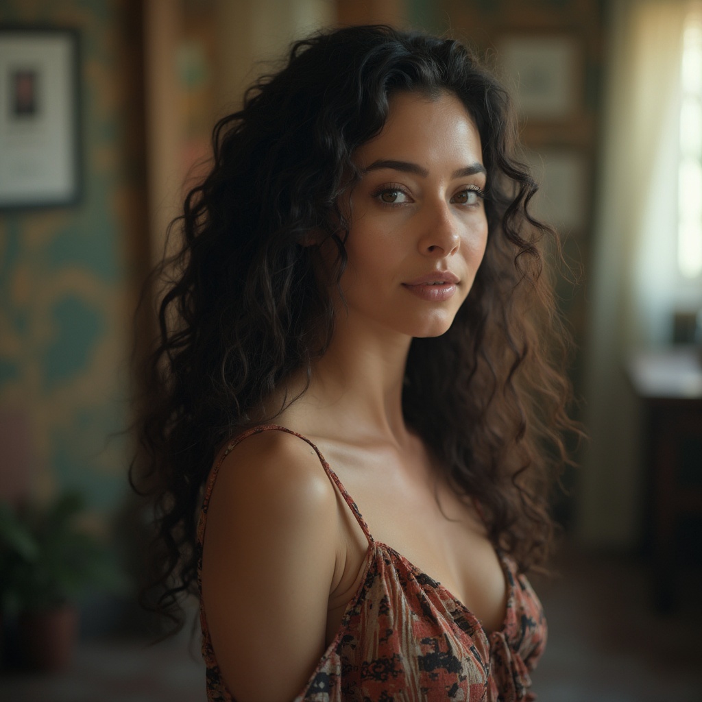 AI generated image by FLUX-Realism-Lora: cuerpo completo,mujer hermosa 30 años, ,cabello   largo ,oscuro curly ,con ropa de ,cuerpo  normal ,mirando hacia el frente oficina, (multiple views:1.2), soft focus,ojos cafes, vibrant color grading, close-up portrait, telephoto shot, vibrant color grading, panoramic shot,mujer hermosa ,cabello  oscuro curly,con vestido dei ,cuerpo  normal ,mirando hacia el frente oficina, vibrant color grading, high-angle shot