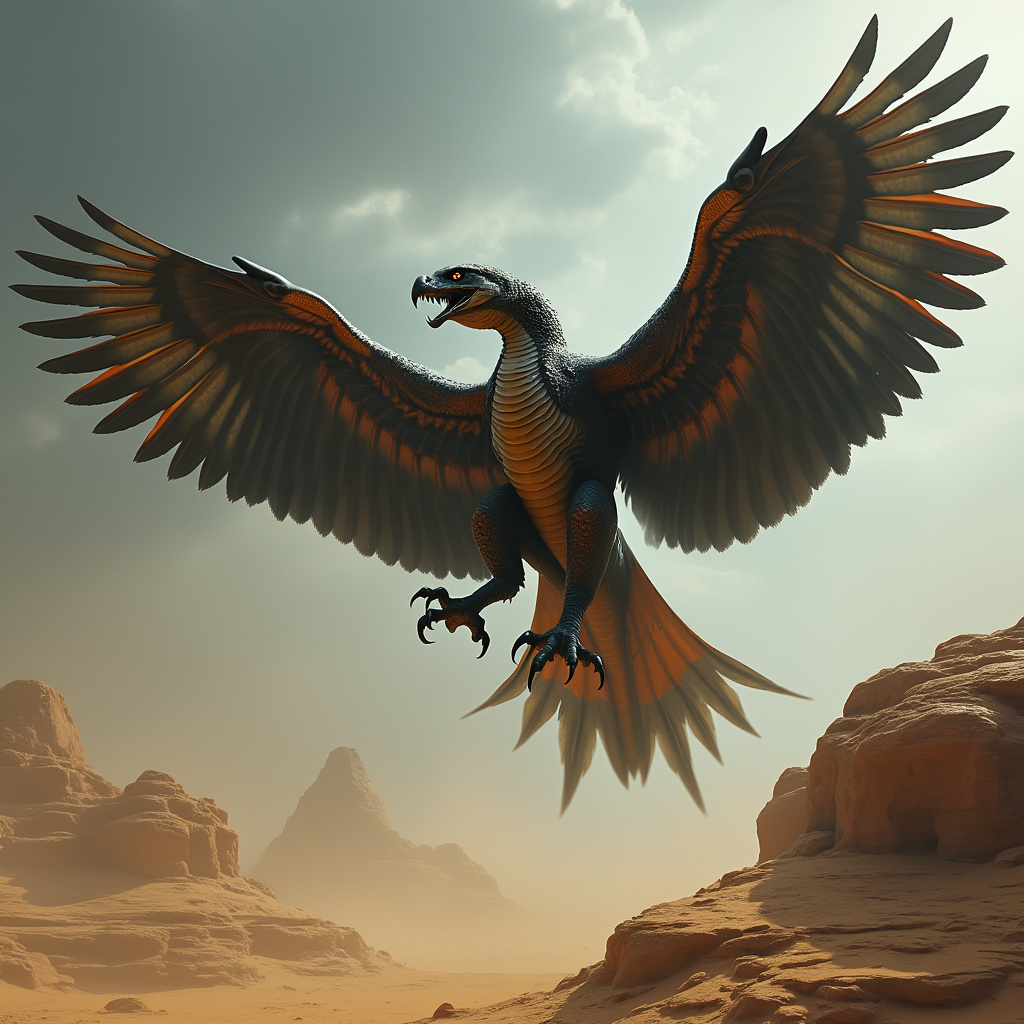 AI generated image by FLUX.1-pro: "A menacing eagle-cobra hybrid, large cobra body with powerful eagle wings, sharp talons, deadly fangs dripping venom, soaring high above a desert landscape, highly detailed, photorealistic, epic and terrifying, dark and moody atmosphere