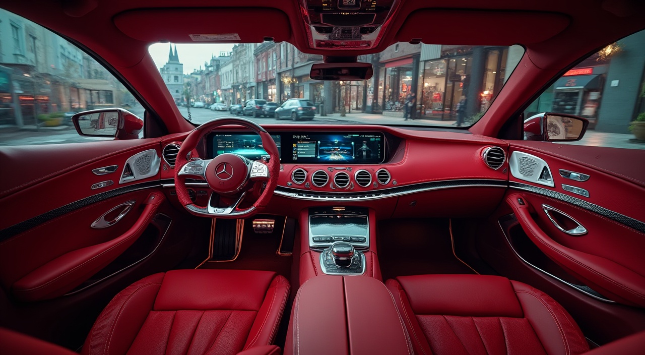 AI generated image by FLUX-Realism-Lora: ULTRA HIGH REALISM big monitor and tv in dashboard ULTRA HIGH REALISM Interior dashboard 2050 SURREAL MERCEDES MAYBACH Exelero, big monitor and tv in dashboard, shine MIRROR RED color fully modified displayed in AUTOSHOW

