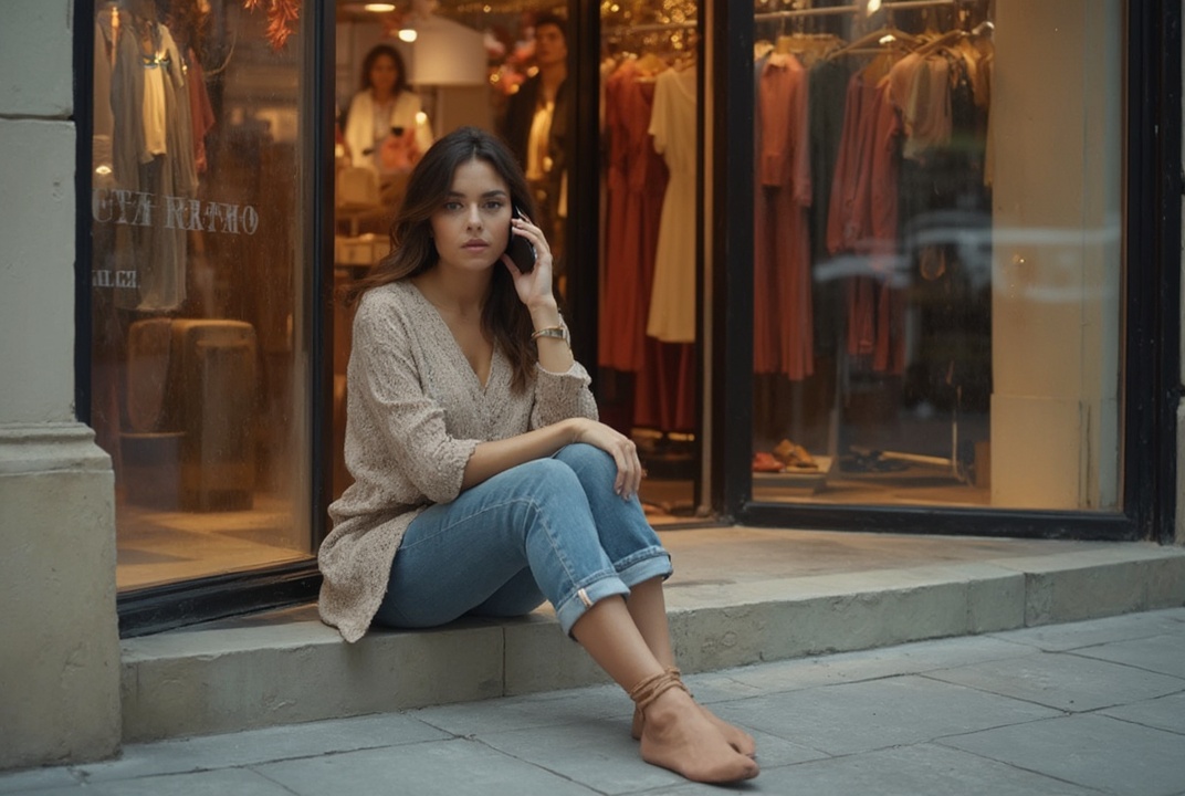AI generated image by FLUX-Realism-Lora: Beautiful Latina, sitting outside a fancy clothing store, talking on her cellphone
